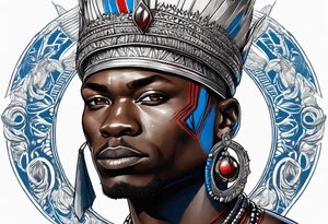 Black-skinned bald african warrior. He wears a simple and small silver crown. He wears two simple necklaces: one blue, other red. tattoo idea