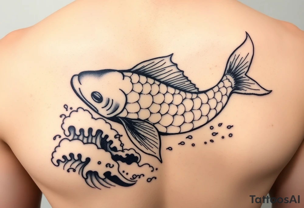 traditional koi fish swimming upstream through turbulent waves tattoo idea