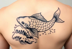 traditional koi fish swimming upstream through turbulent waves tattoo idea