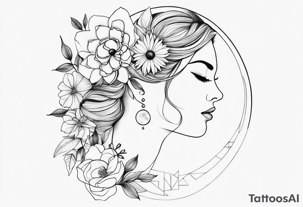 Moon phases in horizontal line, crystal, floral back of neck tattoo idea