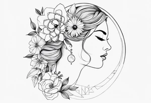 Moon phases in horizontal line, crystal, floral back of neck tattoo idea