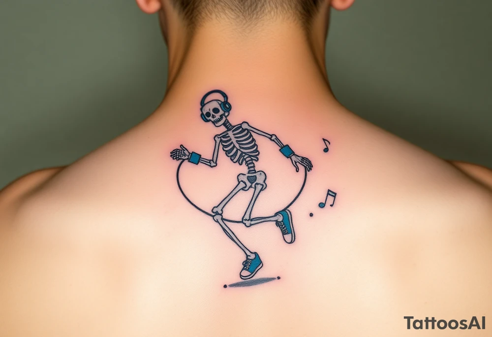 Minimalist funny looking short skeleton skipping on a jumping rope with blue headphone blue tennis shoes blue arm bands and music notes colorful tattoo idea