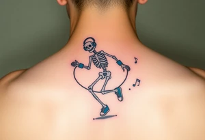 Minimalist funny looking short skeleton skipping on a jumping rope with blue headphone blue tennis shoes blue arm bands and music notes colorful tattoo idea