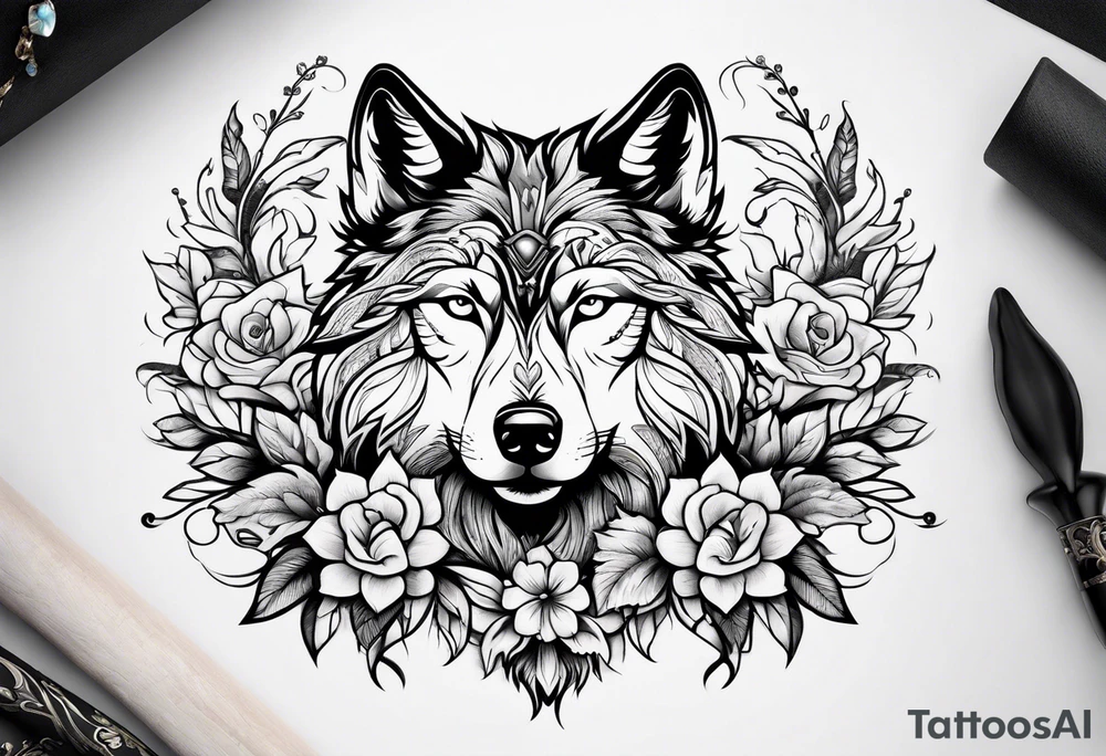 Wolf flowers tattoo idea