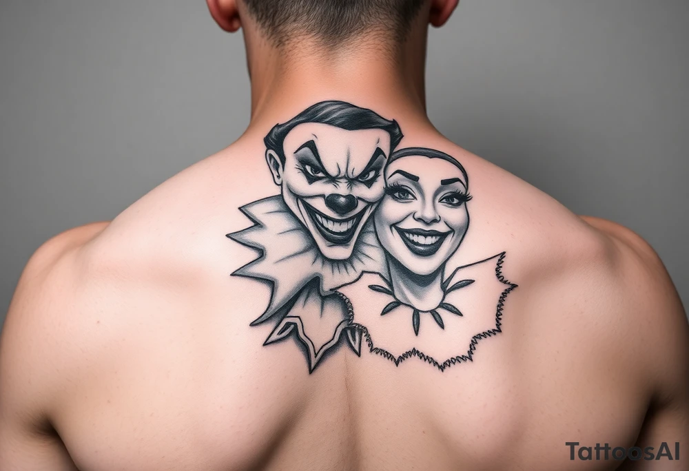 jester clown behind female jester making her smile tattoo idea