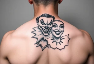 jester clown behind female jester making her smile tattoo idea