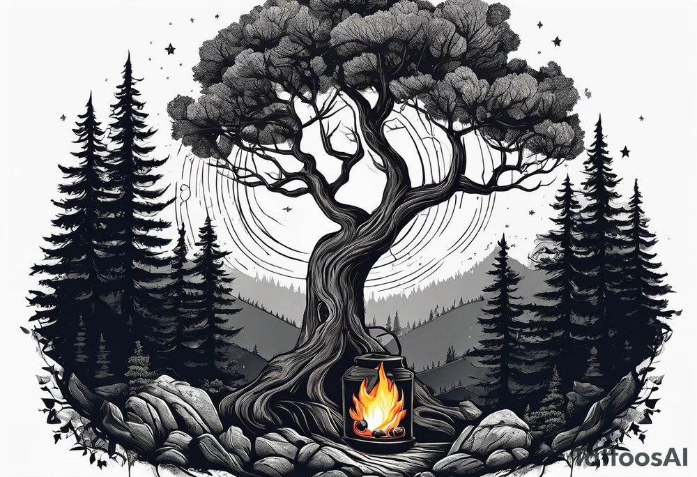 design moon tree campfire. playing the guitar tattoo idea