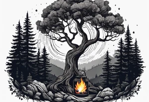 design moon tree campfire. playing the guitar tattoo idea