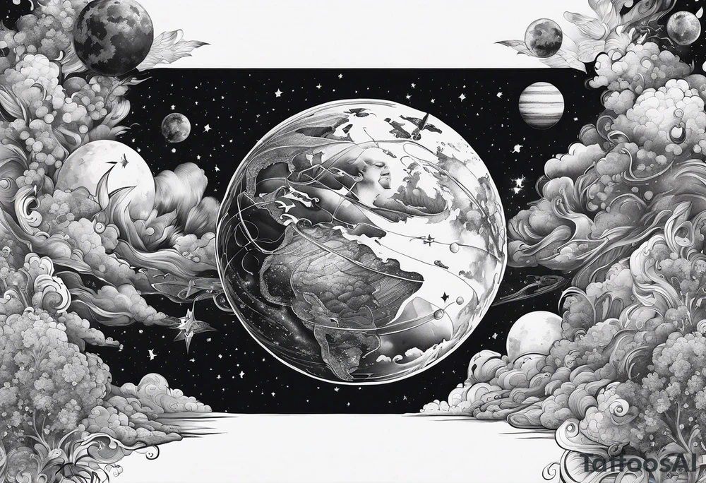 Crowd popping out from earth in space tattoo idea