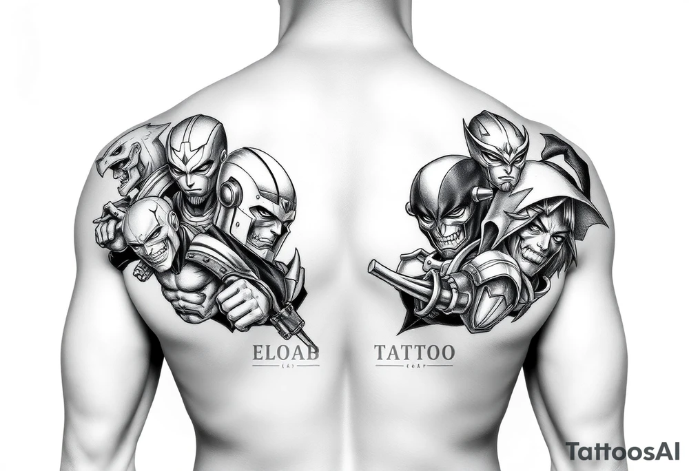 Show me a full arm sleeve with lots of different anime style heroes tattoo idea