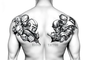 Show me a full arm sleeve with lots of different anime style heroes tattoo idea