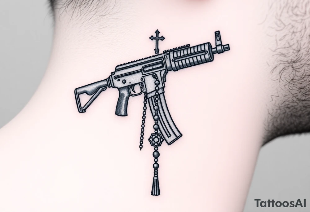 russian christian orthodox but in a AK47 style with a beaded orthodox thurible chain tattoo idea