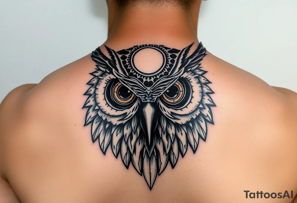 Owl head with large intense tripping on acid colored eyes with cyberpunk style  and geometry and glowing circle on the forhead with no pupils tattoo idea