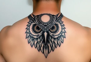 Owl head with large intense tripping on acid colored eyes with cyberpunk style  and geometry and glowing circle on the forhead with no pupils tattoo idea