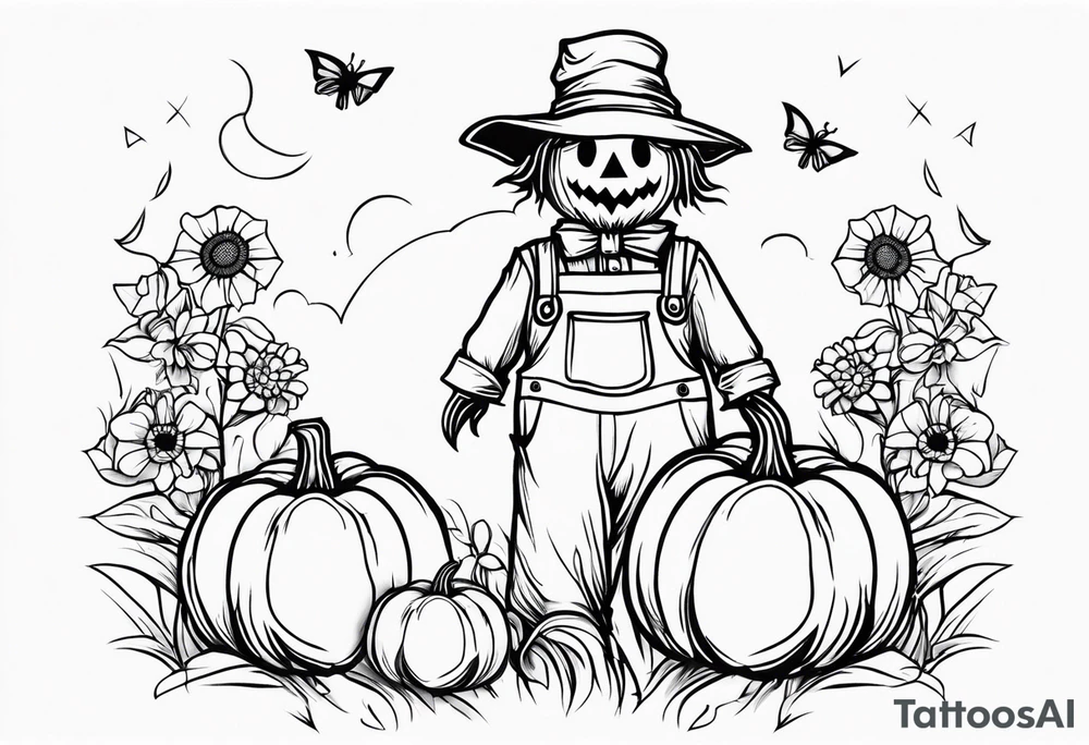 friendly scarecrow with pumpkins and flowers tattoo idea