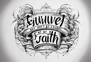 Horizontal inner bicep tattoo. “walk by faith, not by sight” stairwell wrapping around the quote. This design captures the essence of the journey guided by faith. tattoo idea