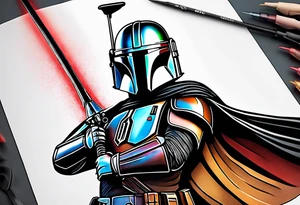 Grogu wearing mandalorian armor fighting Darth vader tattoo idea