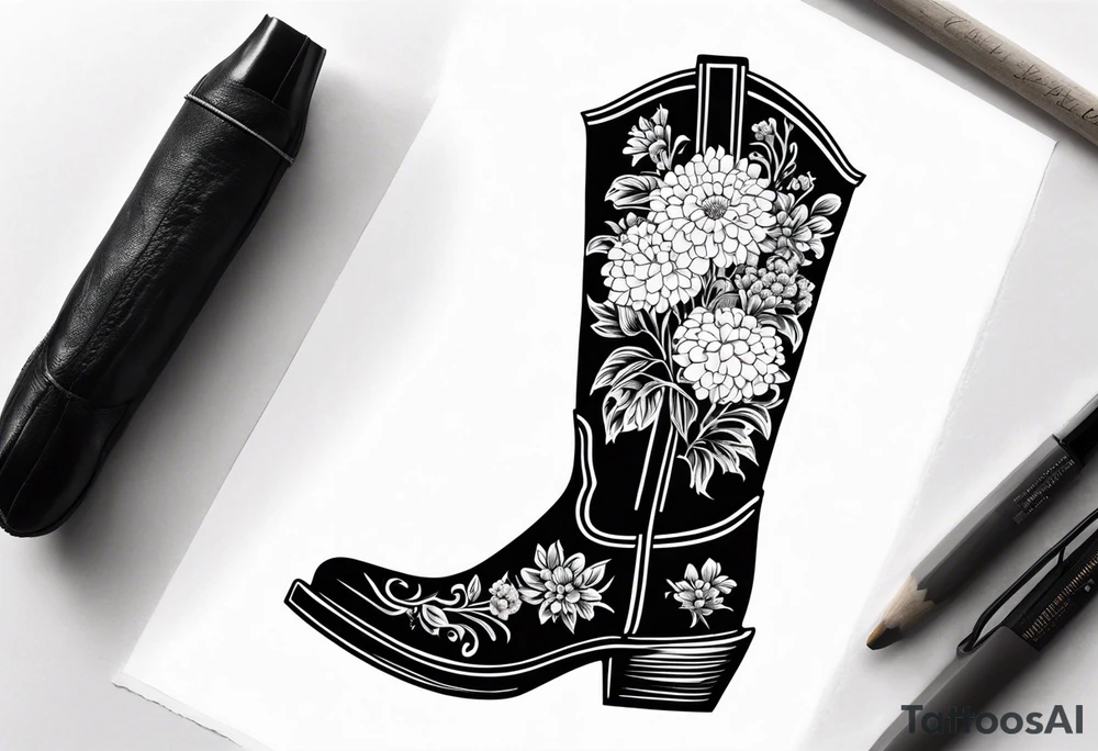 Cowboy boot with bouquet of chrysanthemum, carnations and marigolds inside of boot tattoo idea