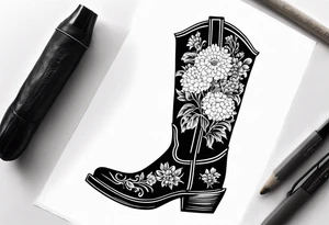 Cowboy boot with bouquet of chrysanthemum, carnations and marigolds inside of boot tattoo idea