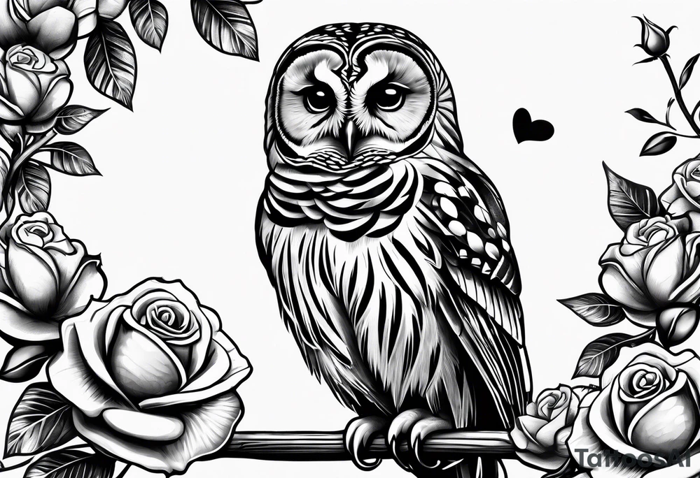 Barred owl with a rose and a heart tattoo idea
