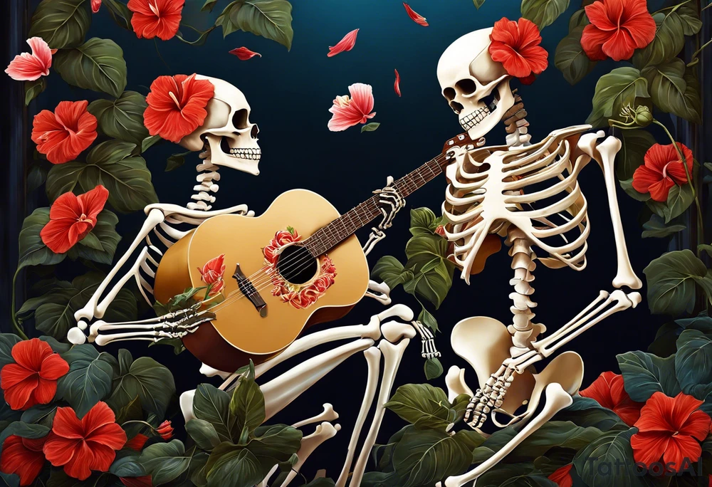 a female skeleton holding a hibiscus flower and a male skeleton playing a guitar. The scene should capture a moment of connection between the two, with the female skeleton attentively listening to the music played by the male skeleton. Emphasize the details of the hibiscus flower,  and the fluidity of the music being played on the guitar. tattoo idea