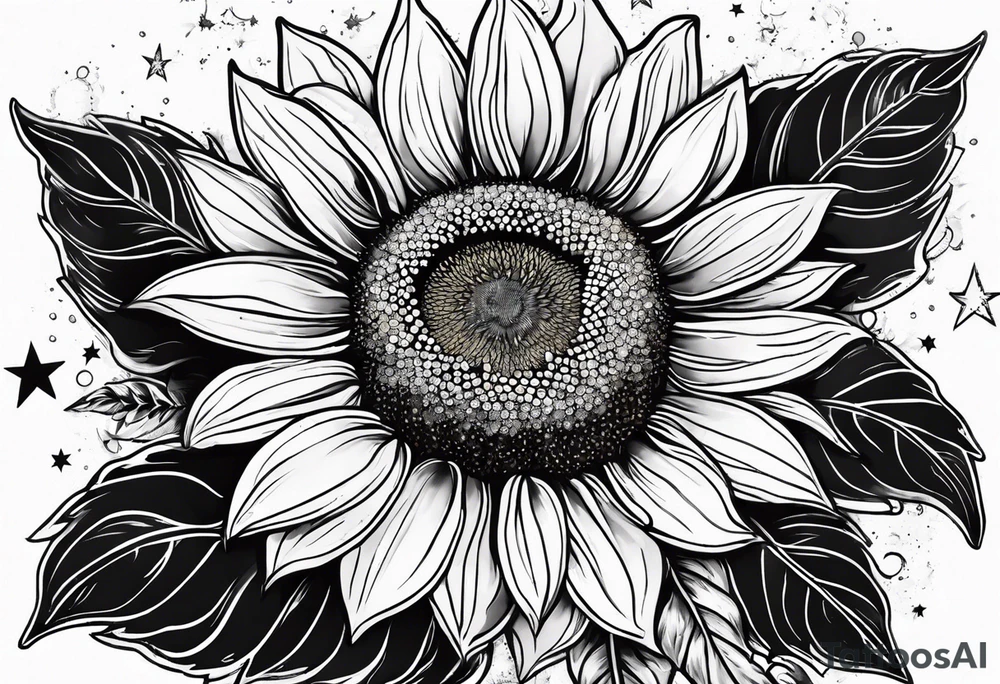 elegant tattoo design with sunflower surrounded by circle of little stars and arrow tattoo idea