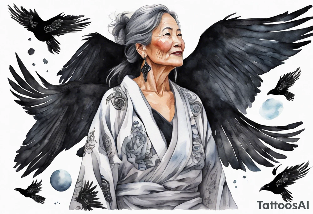 a beautiful 55 year old Dakota woman wearing a silver and black robe, flying in the sky with black raven wings, bare feet tattoo idea