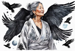 a beautiful 55 year old Dakota woman wearing a silver and black robe, flying in the sky with black raven wings, bare feet tattoo idea