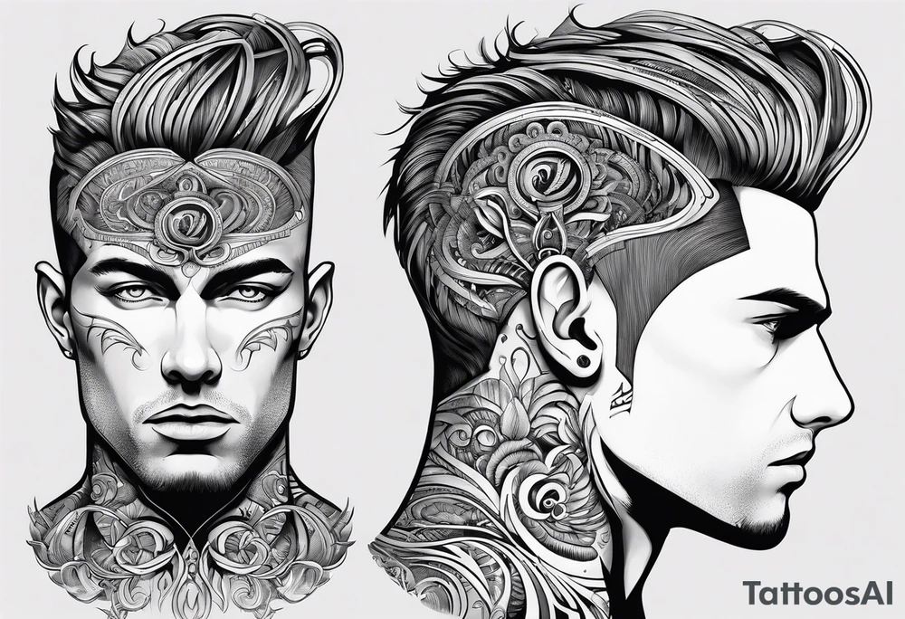 elongated plant-like pattern for hair growing from a slightly pained male face, with a mechanical designed brain showing efficient design tattoo idea