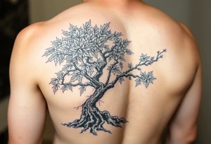 japanese maple tree as a side tattoo that goes into a chest piece and a left arm sleeve with the roots being below the waste line tattoo idea
