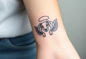 Dachshund ears inside wings with a halo above tattoo idea