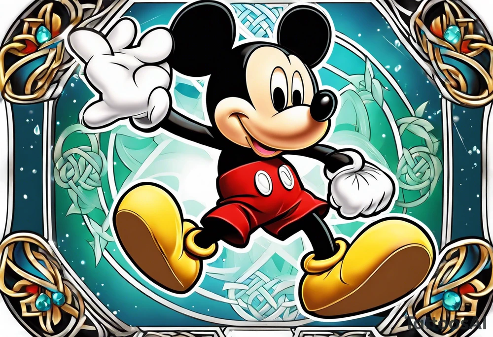 mickey mouse doing martial arts with palm trees, lightning storm and the celtic symbol for family tattoo idea
