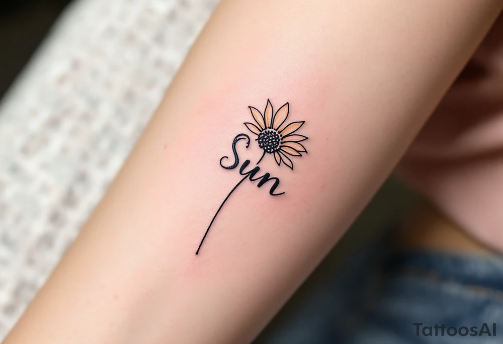 Word "Sun" written vertical with small sunflower in pink tattoo idea