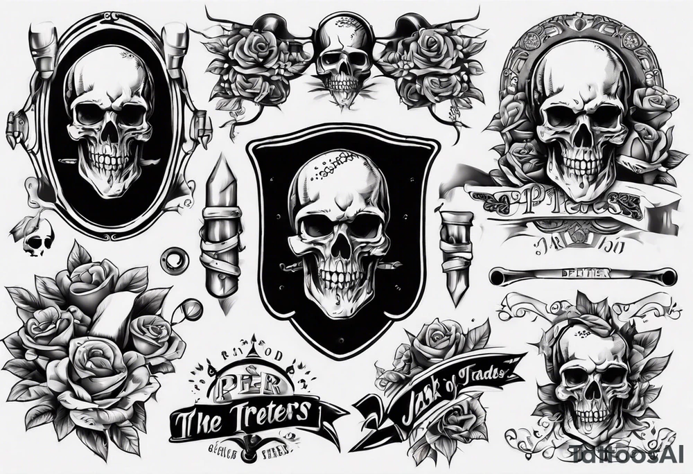men’s arm sleeve, the name Peters, jack of all trades, without skull tattoo idea