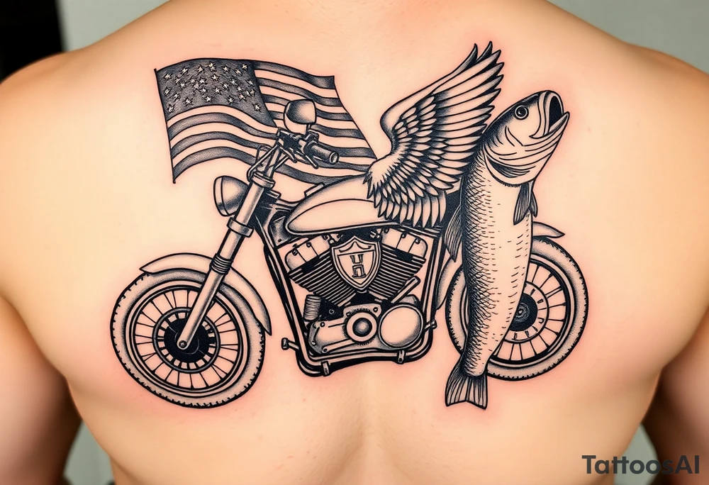 Harley Davidson sporter motorcycle with bald eagle American flag and a bass fish tattoo idea