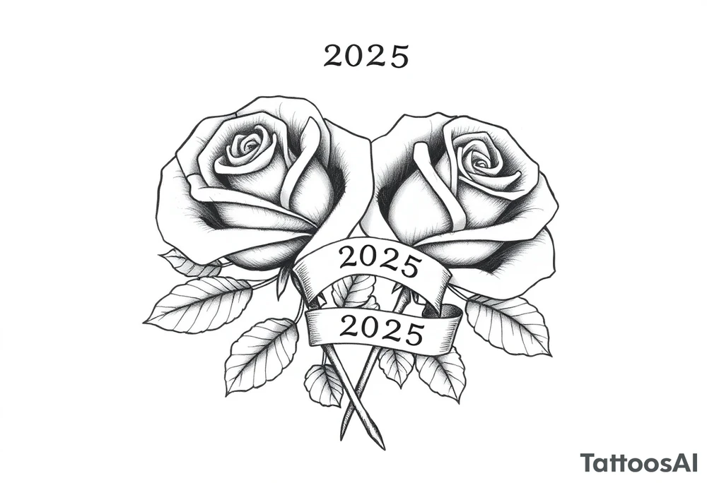 two beautiful rose buds, with many leaves and stems intertwined, representing two people in love. Include a small banner with "2025" on it.  The word "Rose" written in Kanji above the drawing. tattoo idea