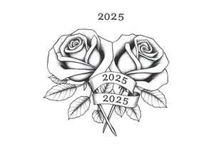 two beautiful rose buds, with many leaves and stems intertwined, representing two people in love. Include a small banner with "2025" on it.  The word "Rose" written in Kanji above the drawing. tattoo idea