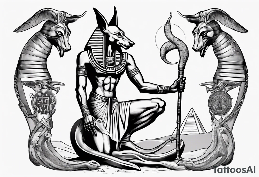 Egyptian god Anubis with snakes next to him in the desert tattoo idea