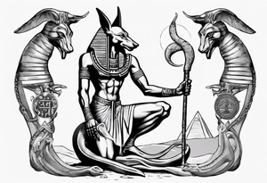 Egyptian god Anubis with snakes next to him in the desert tattoo idea