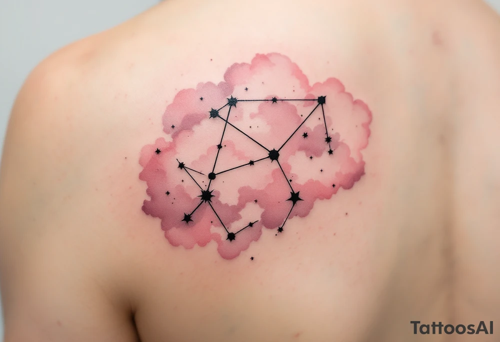 The Sagittarius star constellation drawn in crisp black ink over a faded blush-pink watercolor cloud. tattoo idea