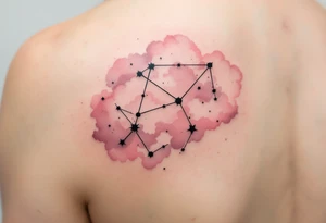 The Sagittarius star constellation drawn in crisp black ink over a faded blush-pink watercolor cloud. tattoo idea