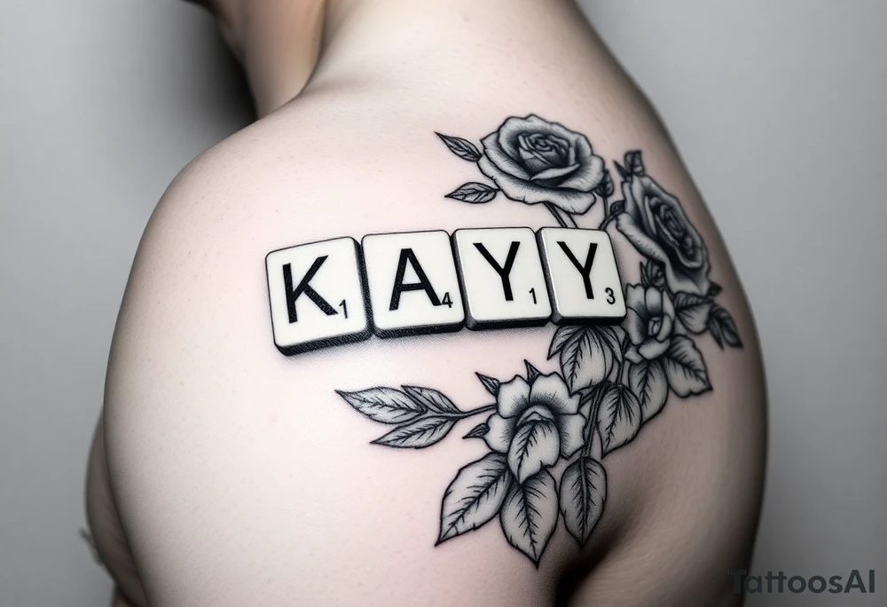 Tattoo on left shoulder
Predominant focal point: Scabble letters spelling “KAY” resting on scabble piece holder tray. The numbers in corner of each letter should not be actual scabble values, instead they should be “1,4,3” or K=1, A=4, Y =3. To represent “I love you” 

This tattoo is to honor my grandmother in hospice

Surrounding the scrabble tile holder and pieces spelling KAY, her name, will be a rose bush tattoo. It should look realistic and fill all space between focal point scrabble tiles & the curves of my left shoulder muscle. I am pretty muscular, so I want the rose bush and stems to scent the definition of my rear and front shoulder muscles well. It should highlight my muscles and accentuate them more. tattoo idea
