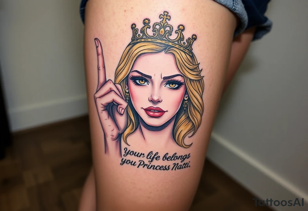 powerful blond findomme princess with crown on, holding up her middle finger with look of disgust on her face being pathetic with caption “your life belongs to Princess Natti” tattoo idea