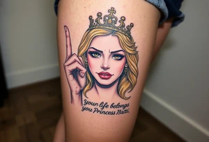 powerful blond findomme princess with crown on, holding up her middle finger with look of disgust on her face being pathetic with caption “your life belongs to Princess Natti” tattoo idea