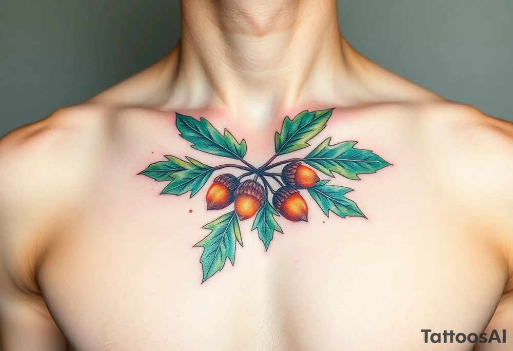 on the chest an oak branch with thick leaves and acorns oak branch with thick leaves and acorns tattoo idea