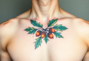 on the chest an oak branch with thick leaves and acorns oak branch with thick leaves and acorns tattoo idea