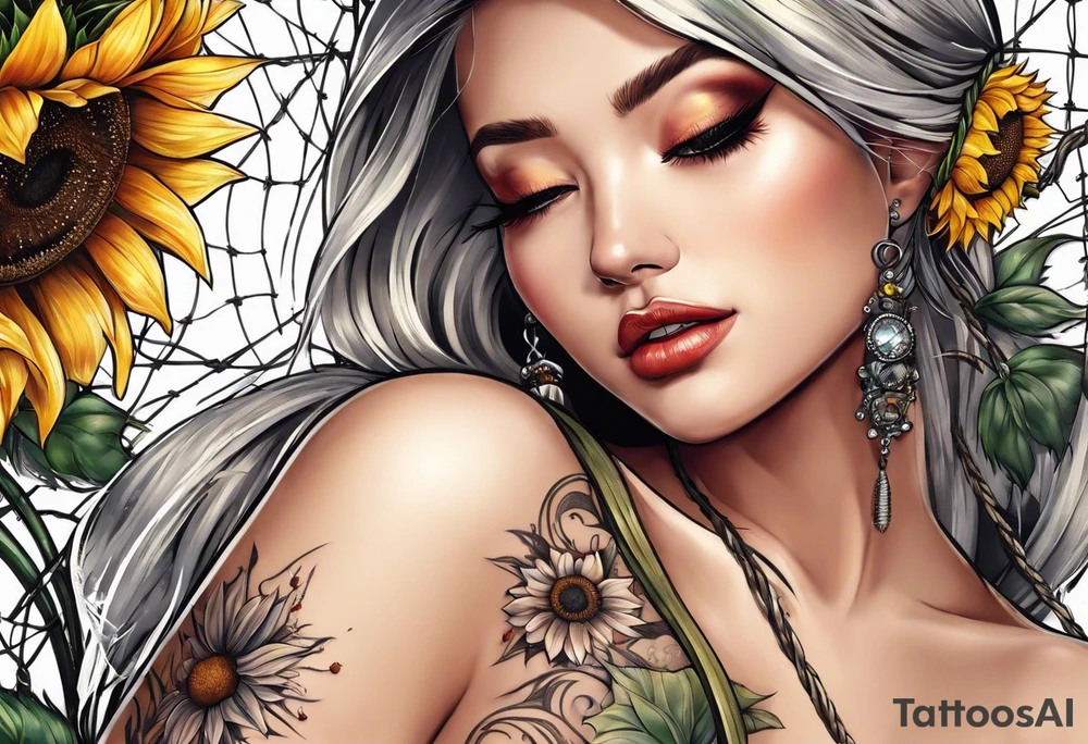 Sunflower, wheat, and barbed wire half sleeve tattoo idea