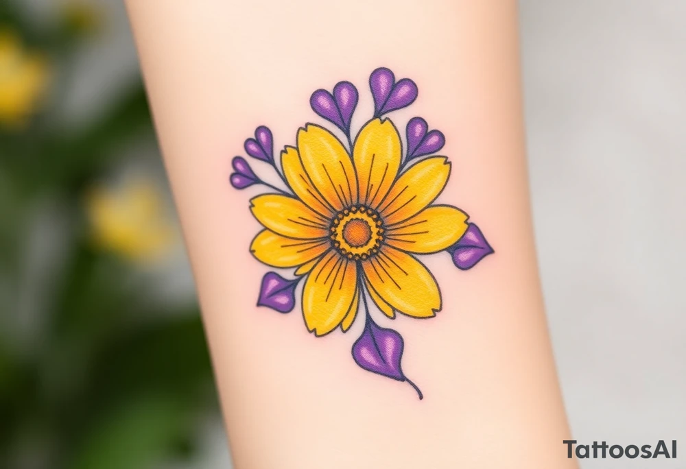 Yellow daisy flower with Purple Hearts tattoo idea