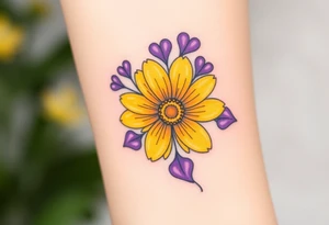 Yellow daisy flower with Purple Hearts tattoo idea