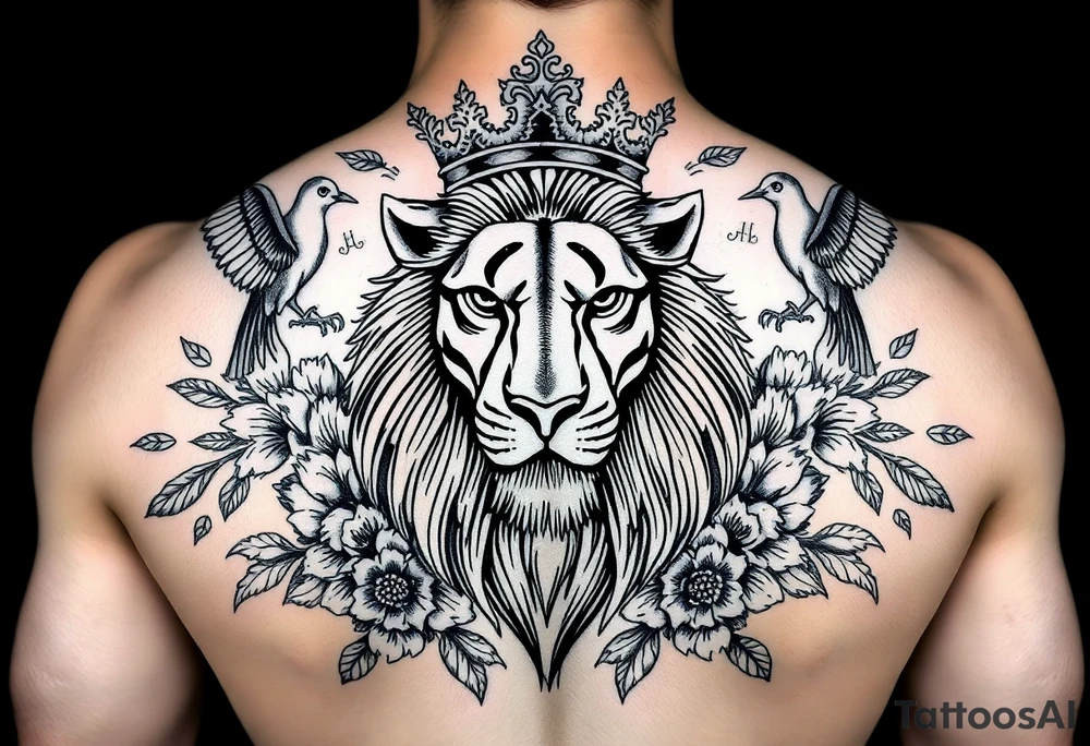 powerful majestic lion with a crown, surrounded by floral ornaments and birds tattoo idea
